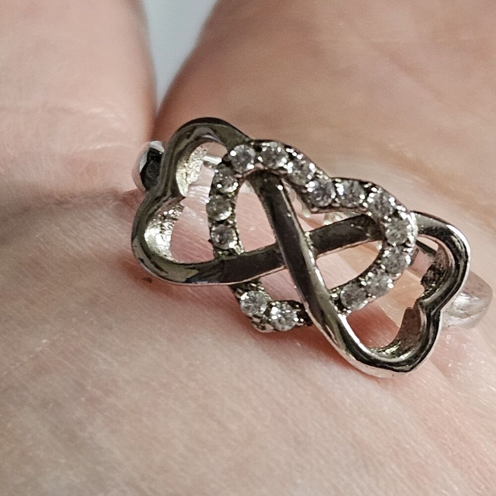 Vintage Bijoux Sterling Triple Hearts Infinity Knot CZ Ring Size 6 I Love You - Picture 3 of 12